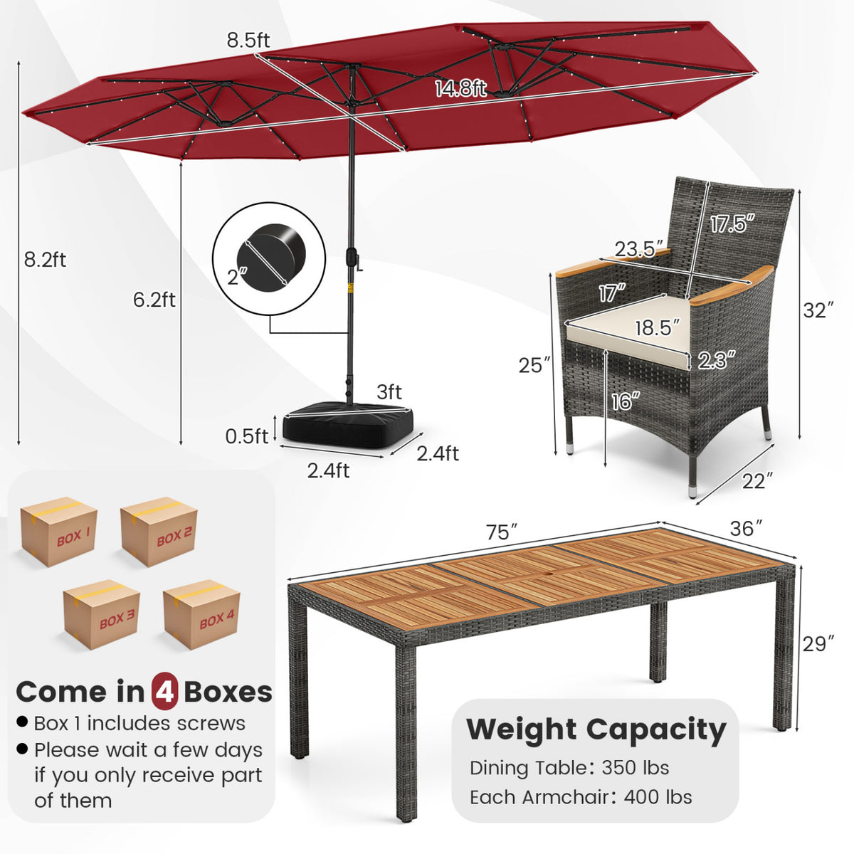 11 Pieces Patio Dining Set with 15 Feet Double-Sided Umbrella Base