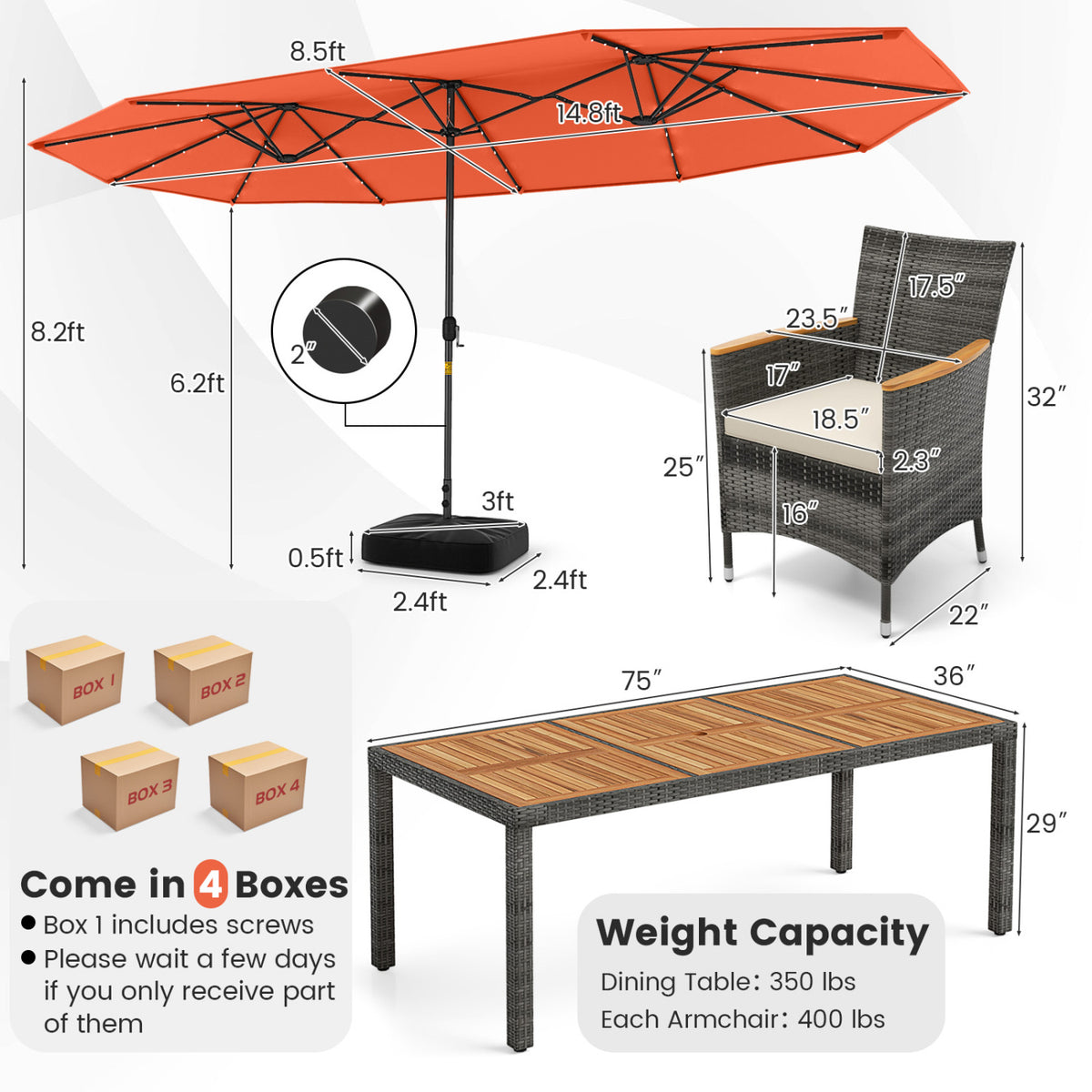 11-Piece Patio Dining Set with 15 ft Umbrella – Orange