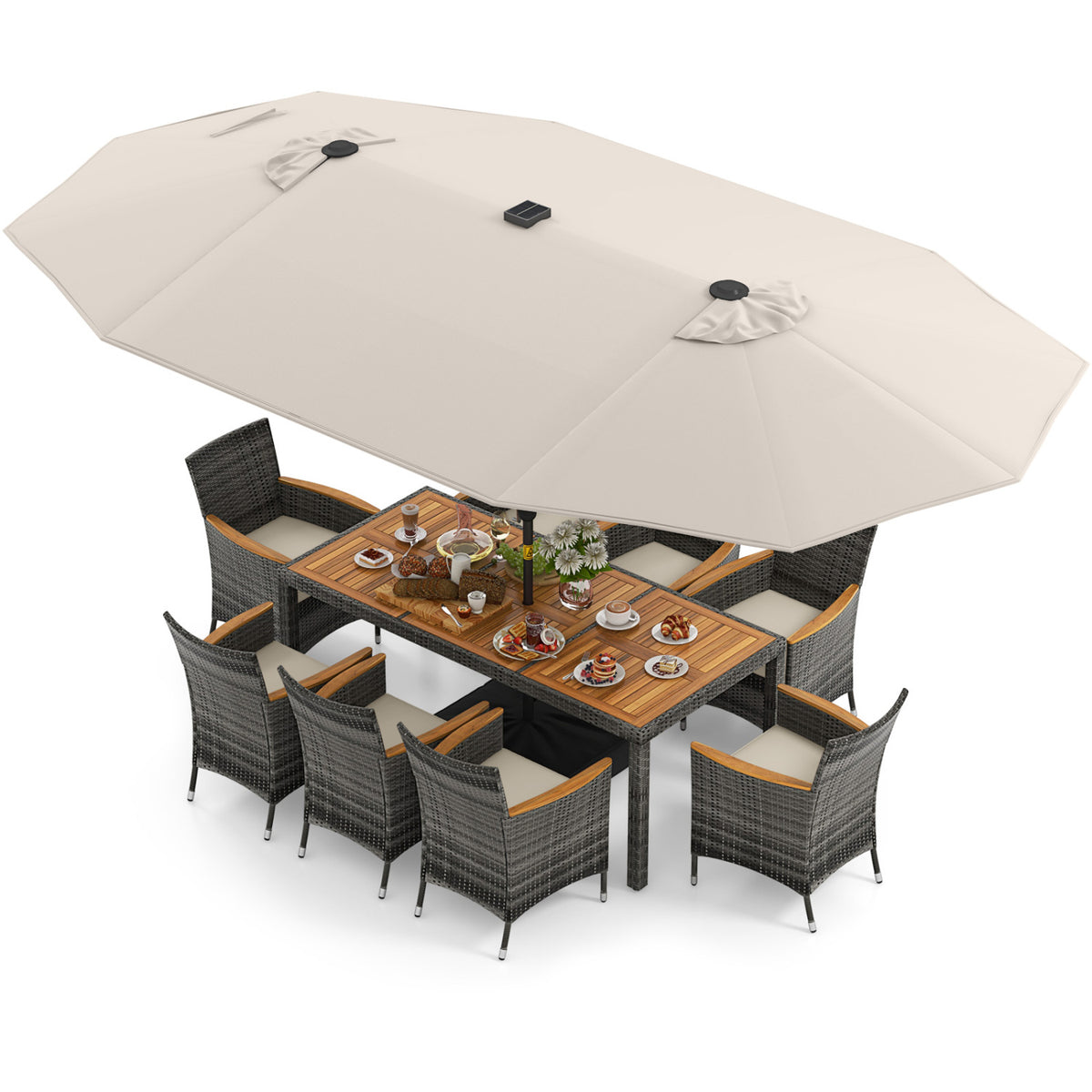 11-Piece Patio Dining Set with 15 ft Umbrella - Beige