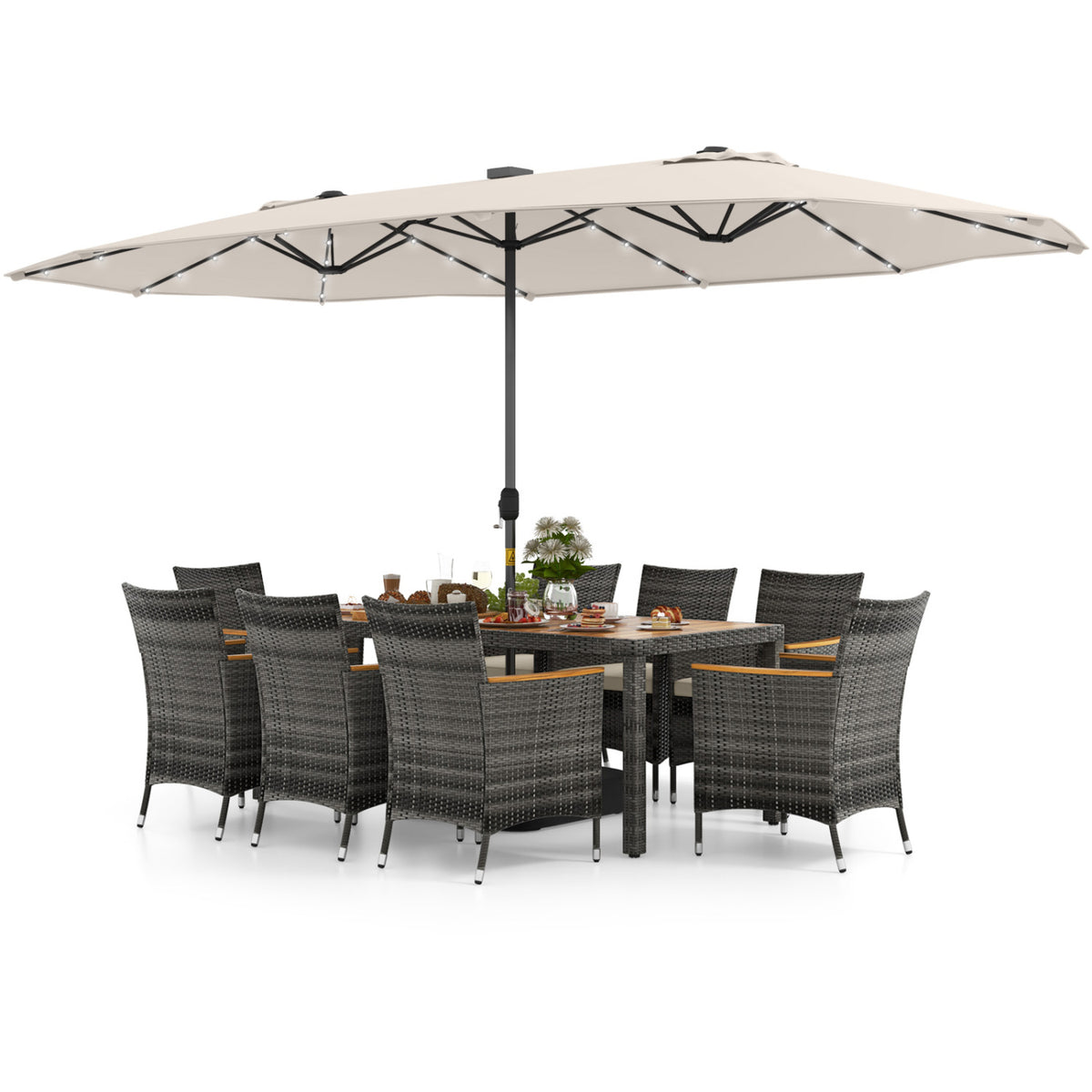 11-Piece Patio Dining Set with 15 ft Umbrella - Beige