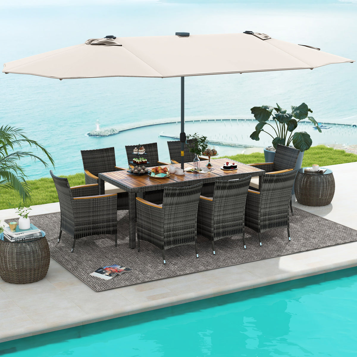 11-Piece Patio Dining Set with 15 ft Umbrella - Beige