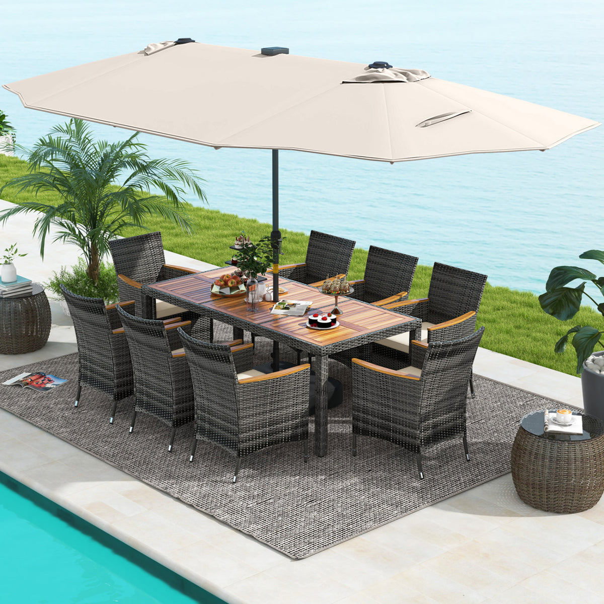 11 Pieces Patio Dining Set with 15 Feet Double-Sided Umbrella Base