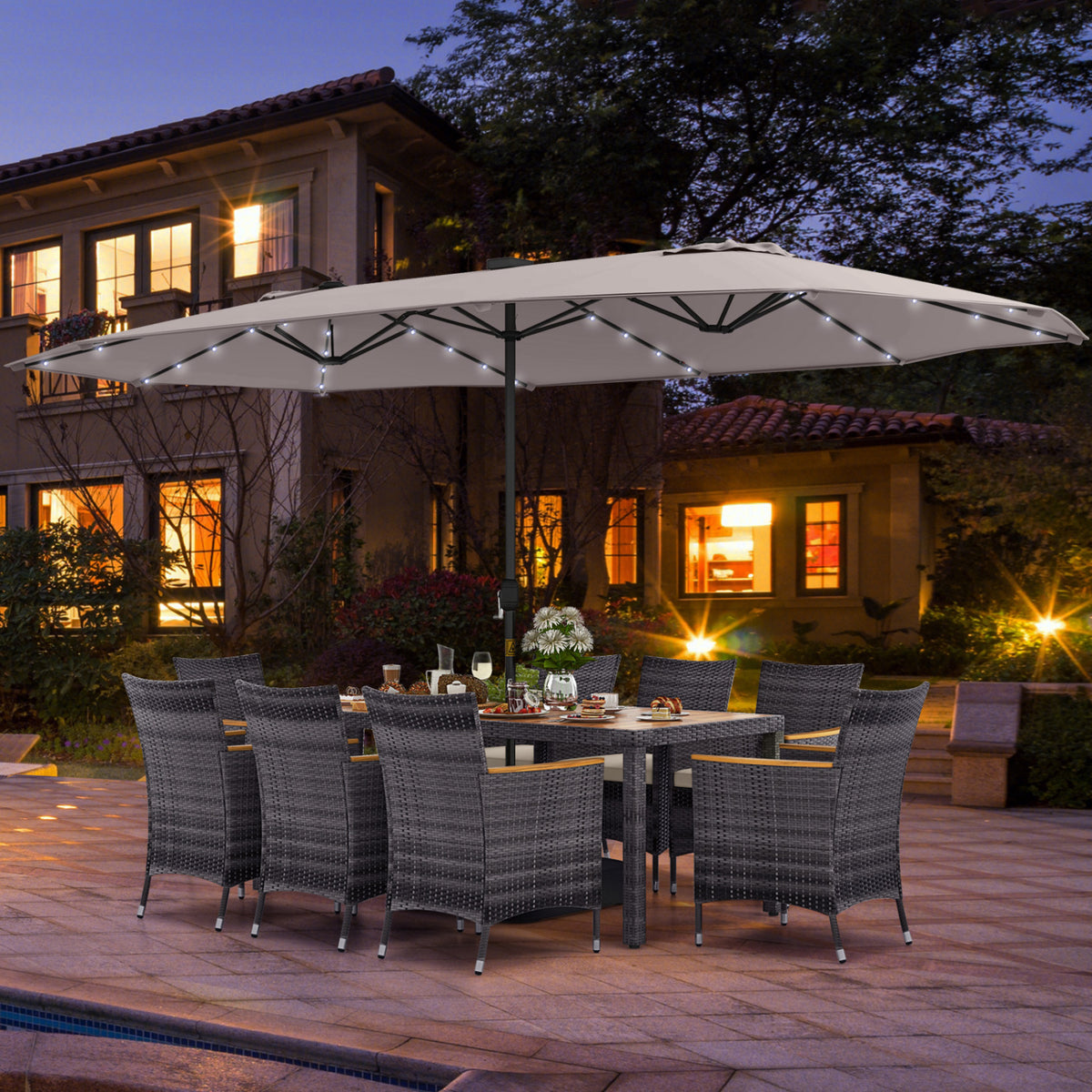 11-Piece Patio Dining Set with 15 ft Umbrella - Beige