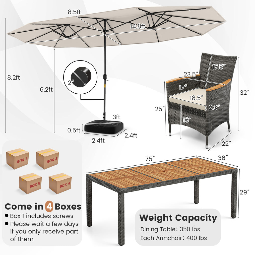 11-Piece Patio Dining Set with 15 ft Umbrella - Beige