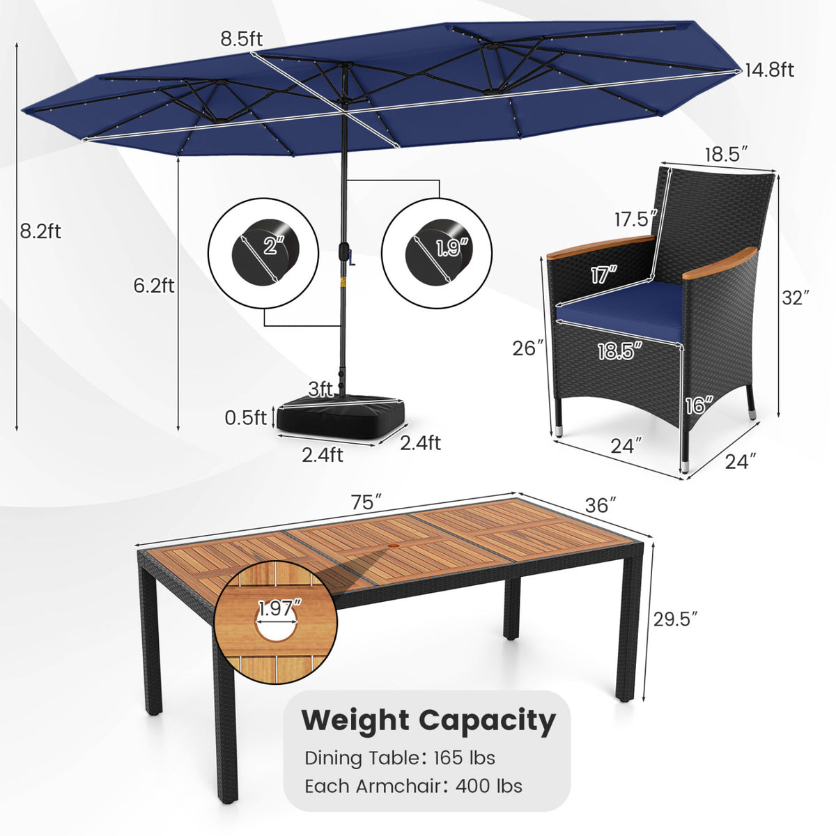 11 Pieces Patio Dining Set with LED Umbrella Base and Seat Cushions