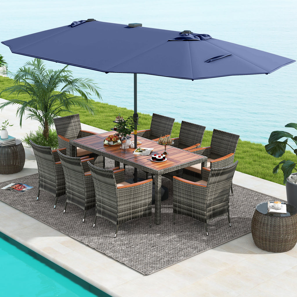 11 Pieces Patio Dining Set with 15 Feet Double-Sided Umbrella Base