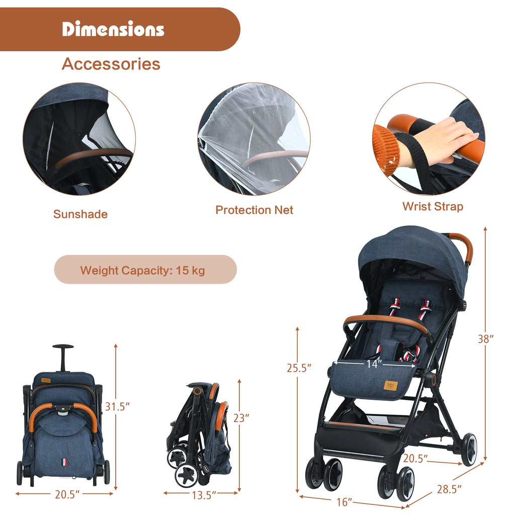 Lightweight Baby Stroller with 3-Position Backrest, Blue - Compact Travel Toddler Pushchair for Airplane