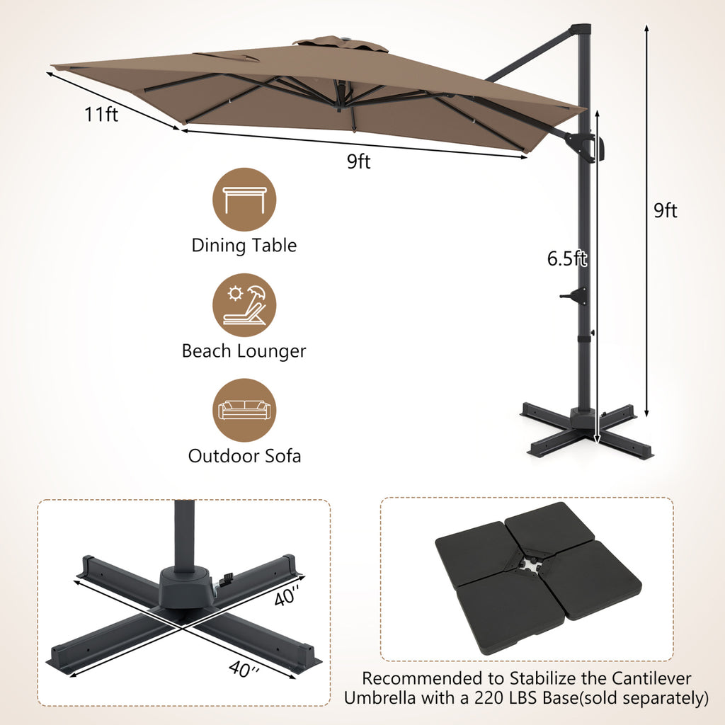 11 x 9 FT Cantilever Patio Umbrella with 360° Rotation - Brown