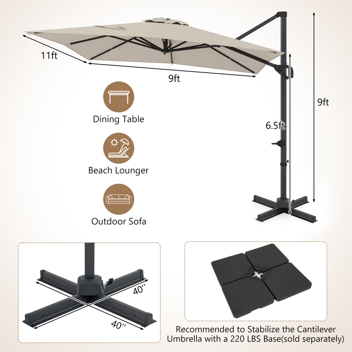 11 x 9 FT Cantilever Patio Umbrella with 360° Rotation - Beige