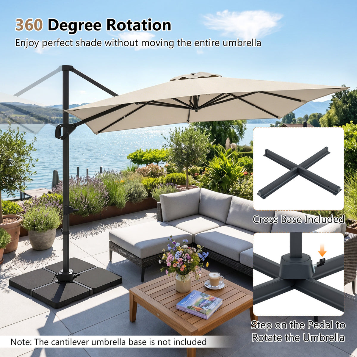 11 x 9 FT Cantilever Patio Umbrella with 360° Rotation - Beige