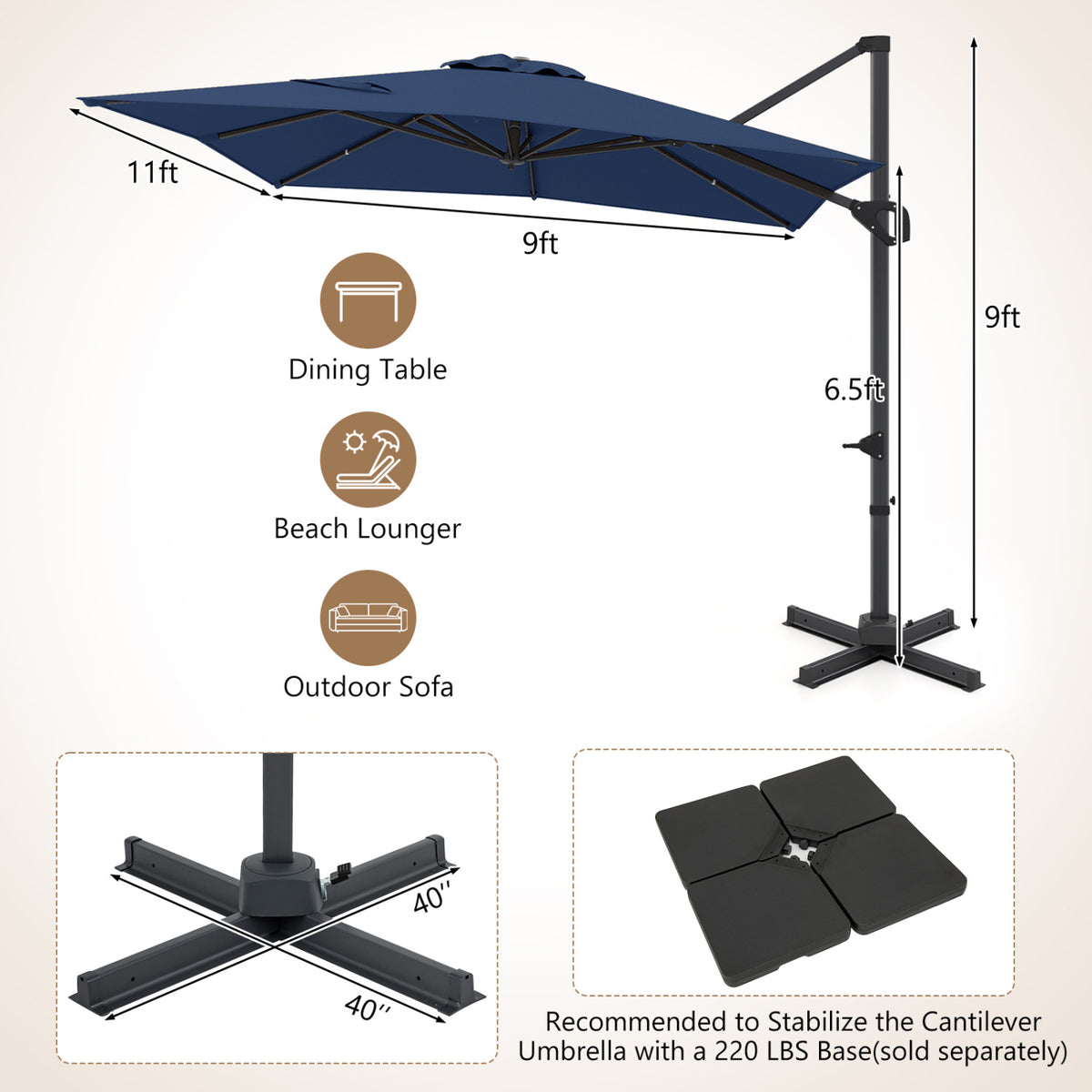 11 x 9 FT Cantilever Patio Umbrella, 360° Rotation, Navy
