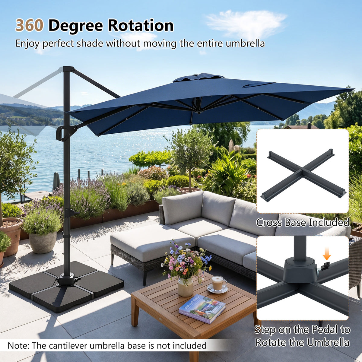 11 x 9 FT Cantilever Patio Umbrella, 360° Rotation, Navy