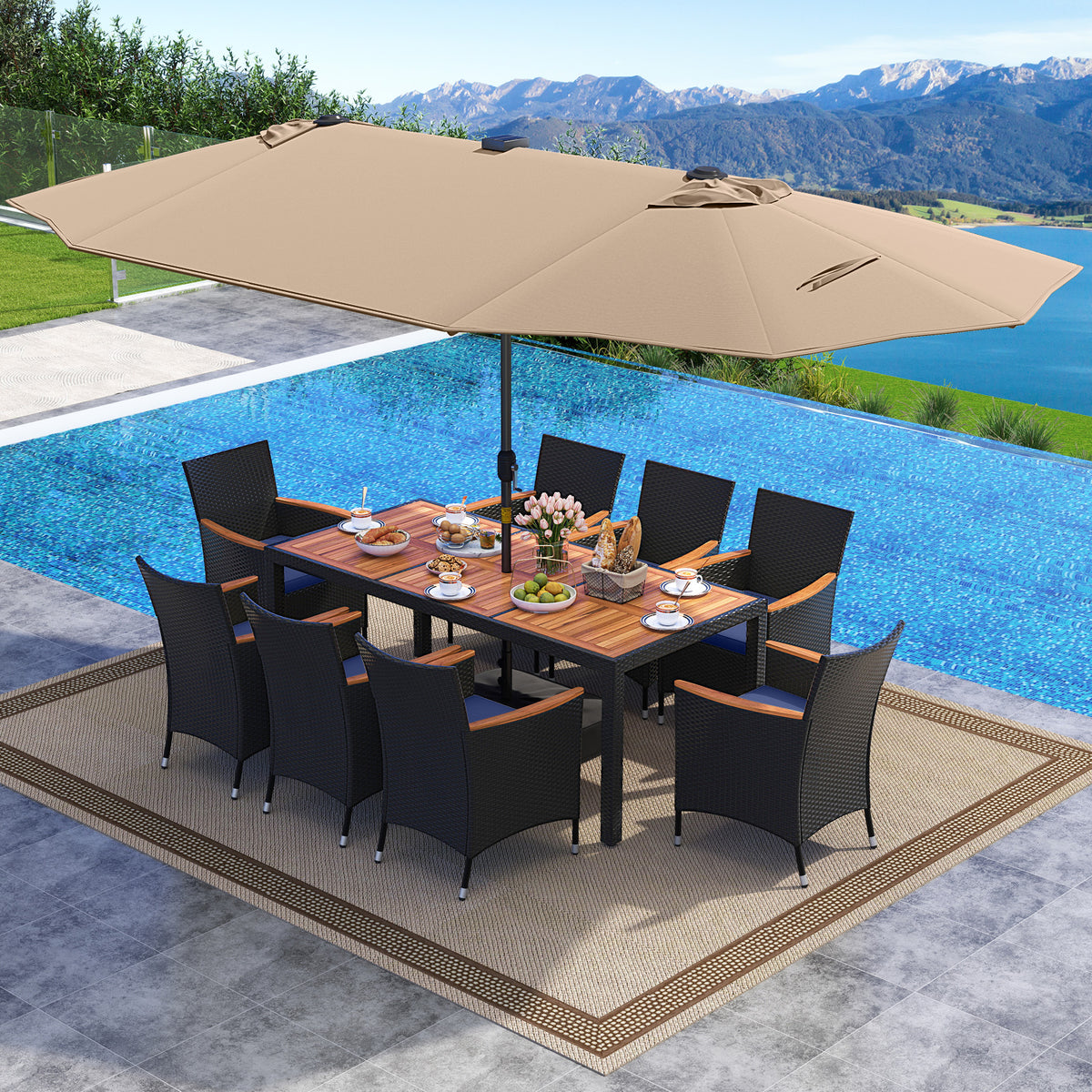 11 Pieces Patio Dining Set with LED Umbrella Base and Seat Cushions