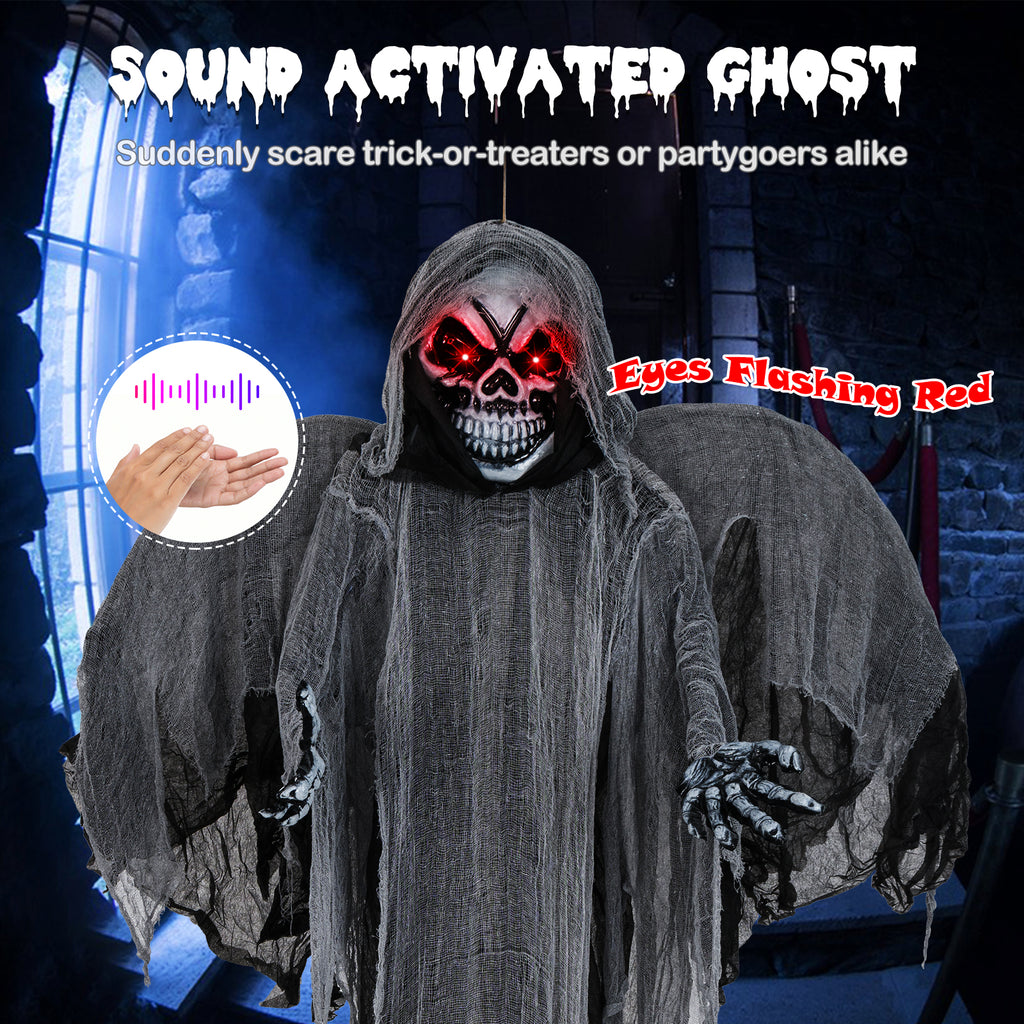 12.1 Ft Hanging Skeleton Ghost with Flickering Red Eyes and Scary Sounds - Reaper Variation