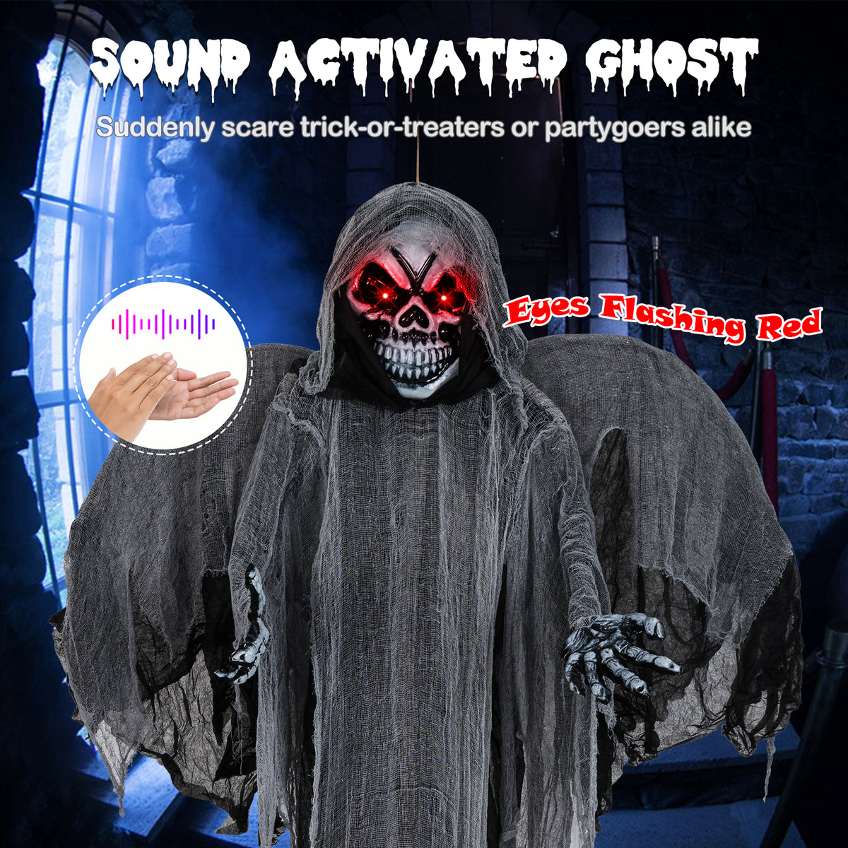 12.1 Ft Hanging Skeleton Ghost with Flickering Red Eyes and Scary Sounds - Reaper Variation