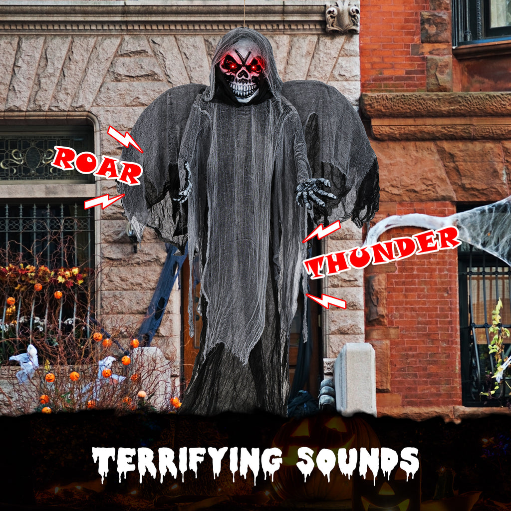 12.1 Ft Hanging Skeleton Ghost with Flickering Red Eyes and Scary Sounds - Reaper Variation