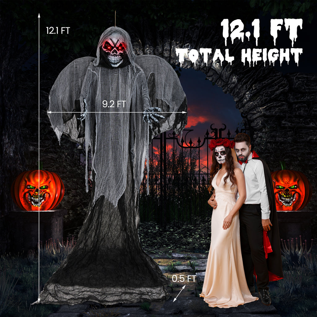 12.1 Ft Hanging Skeleton Ghost with Flickering Red Eyes and Scary Sounds - Reaper Variation