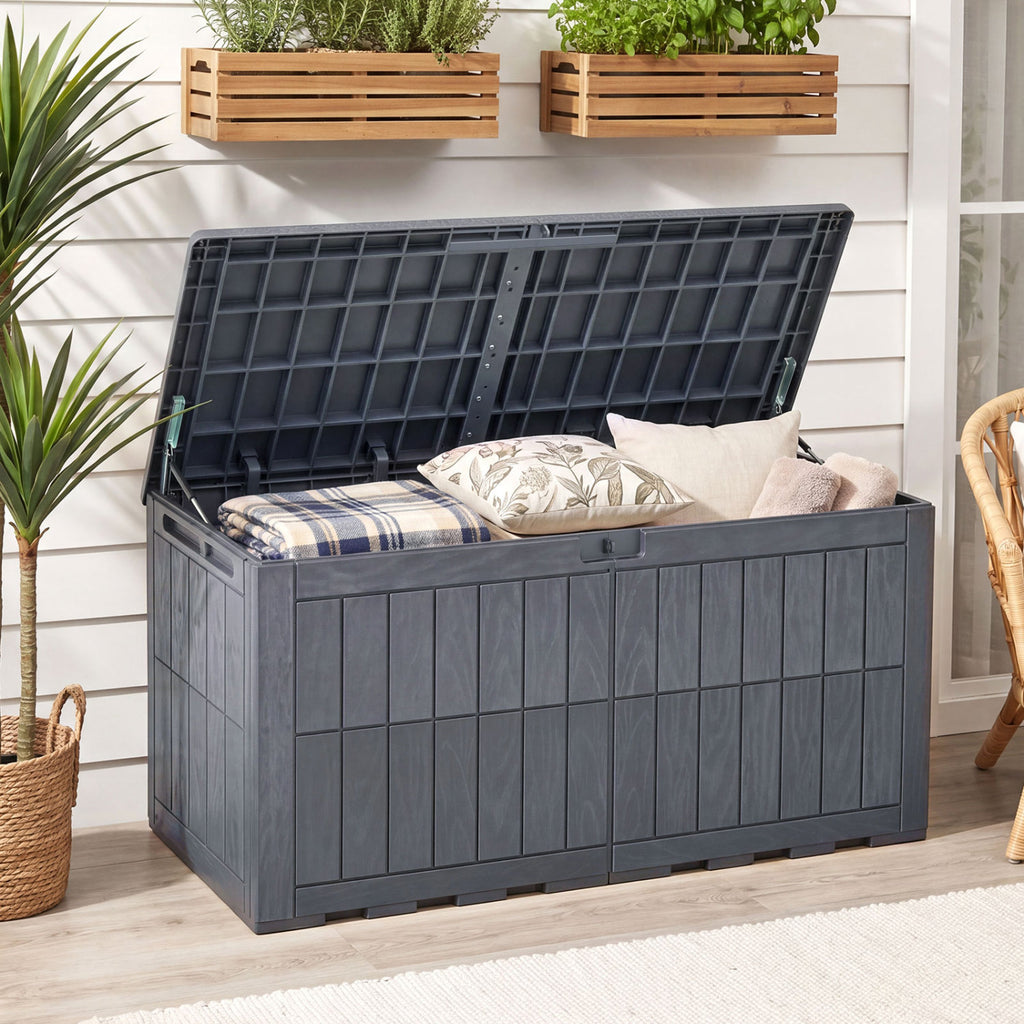 120 Gal Outdoor Deck Box with Lid and Handles for Garden Tools