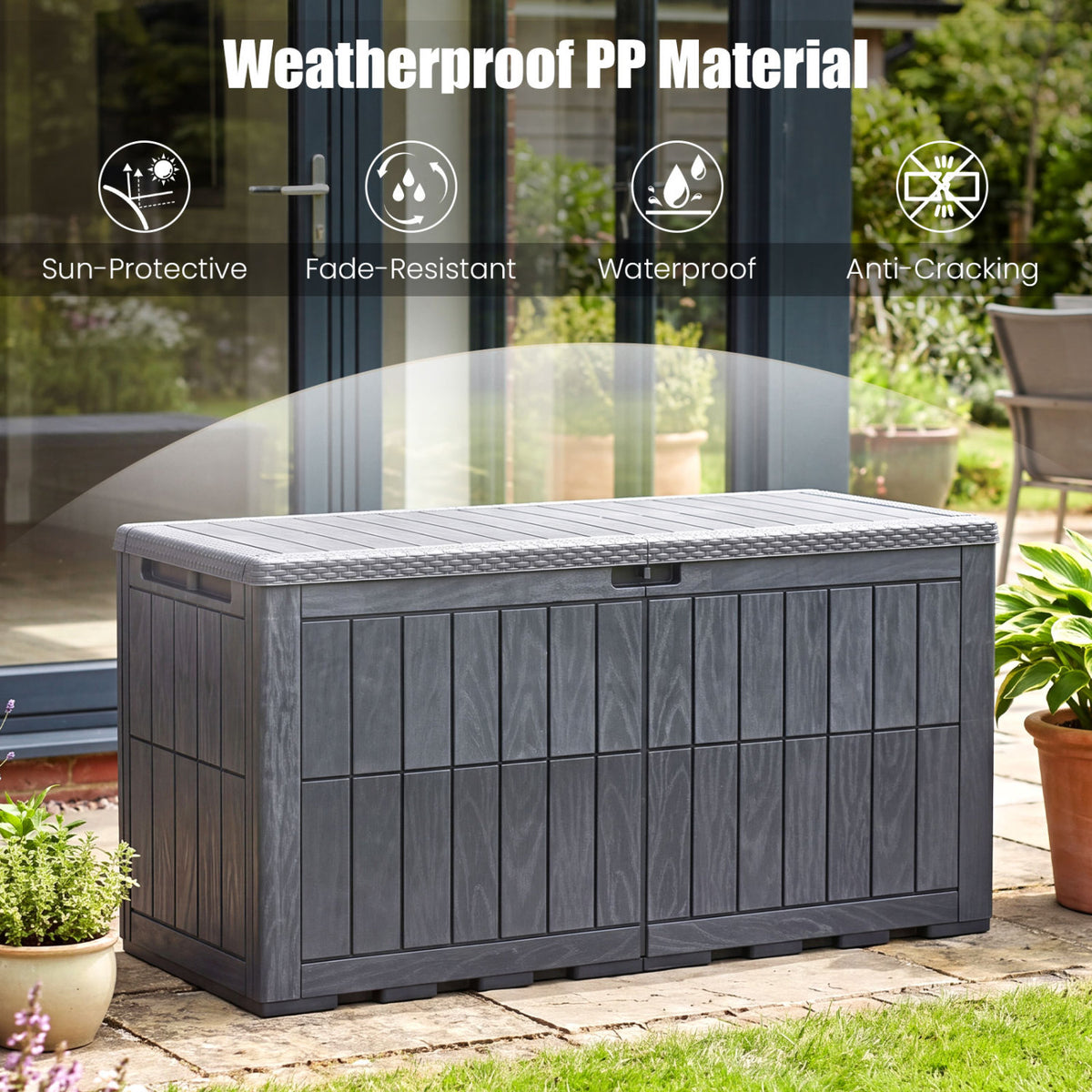 120 Gal Outdoor Deck Box with Lid and Handles for Garden Tools