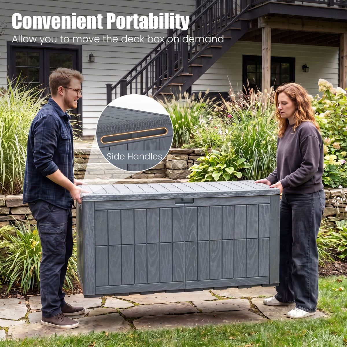 120 Gal Outdoor Deck Box with Lid and Handles for Garden Tools