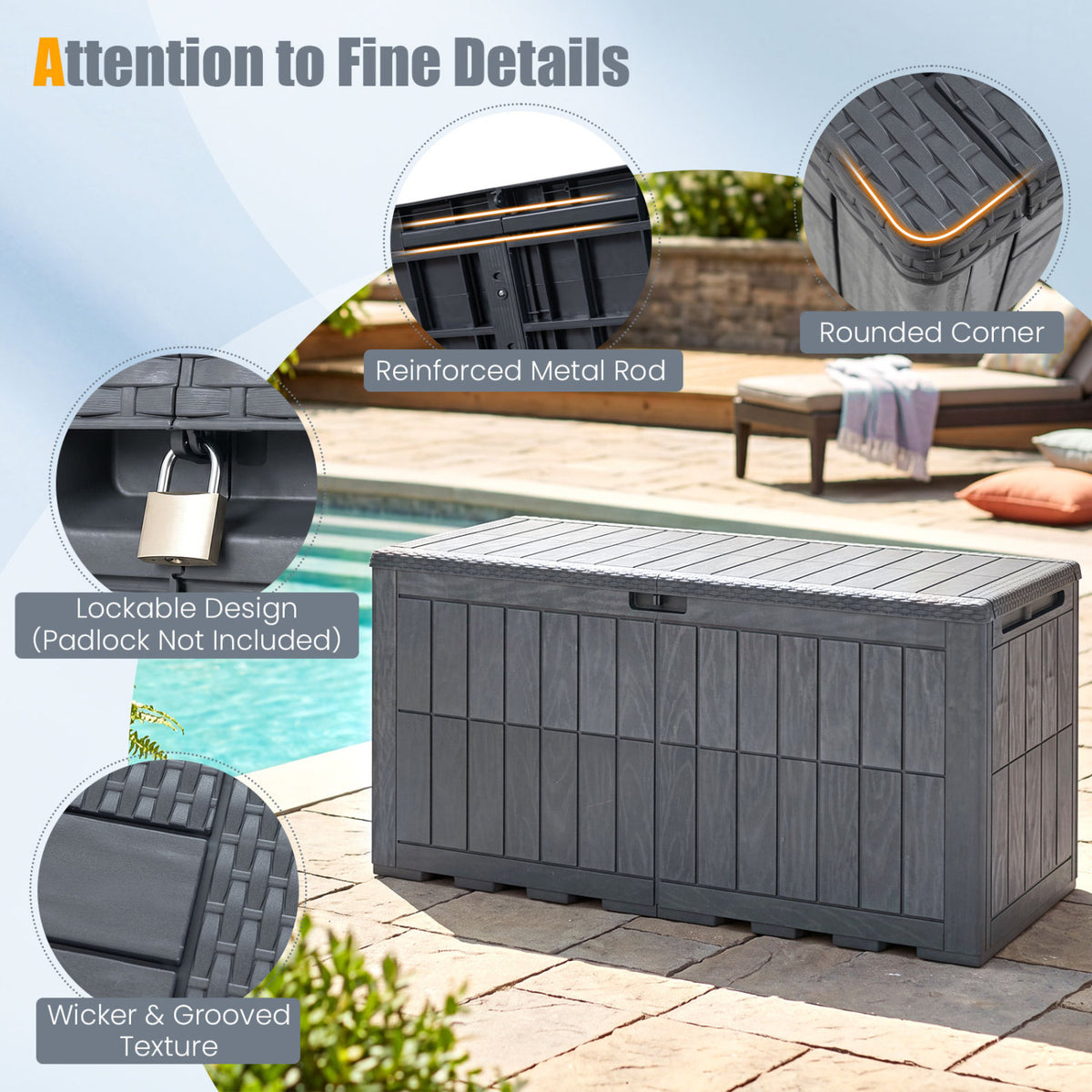 120 Gal Outdoor Deck Box with Lid and Handles for Garden Tools