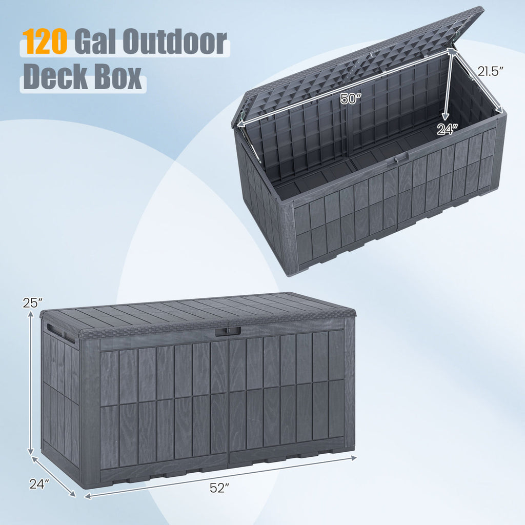 120 Gal Outdoor Deck Box with Lid and Handles for Garden Tools