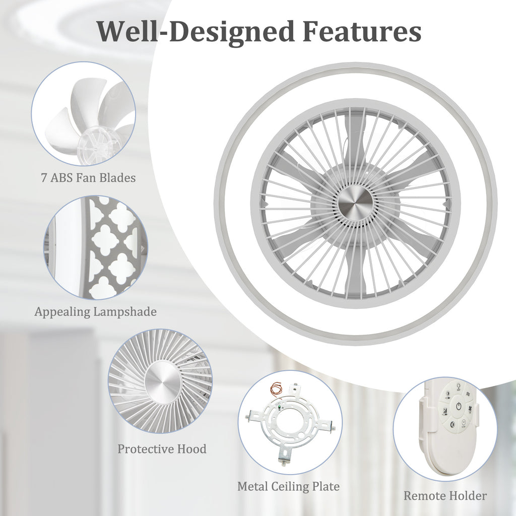 White 19-Inch Ceiling Fan with Light Low Profile Flush Mount – Adjustable Brightness & Quiet Motor