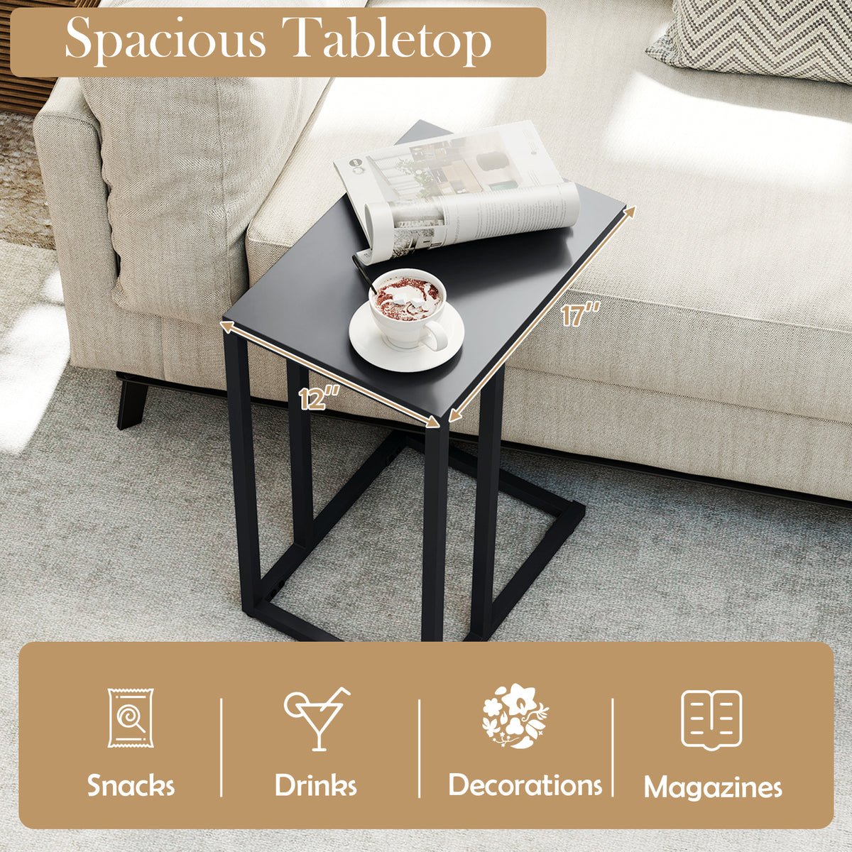 C-Shaped Side Table with Adjustable Foot Pads, Dark Gray