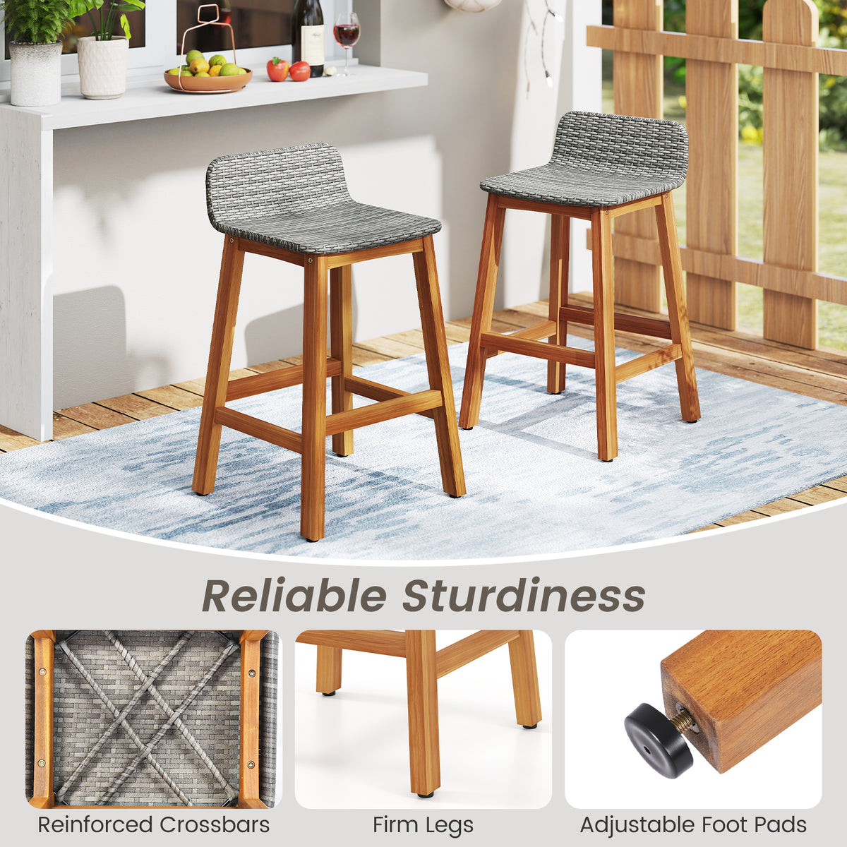 Acacia Wood Bar Stools Set of 2 with Backrests & Footrests – Gray