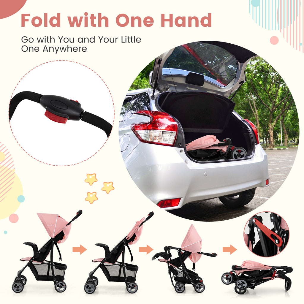 Toddler Compact Travel Stroller with Canopy & 2-Position Backrest - Pink