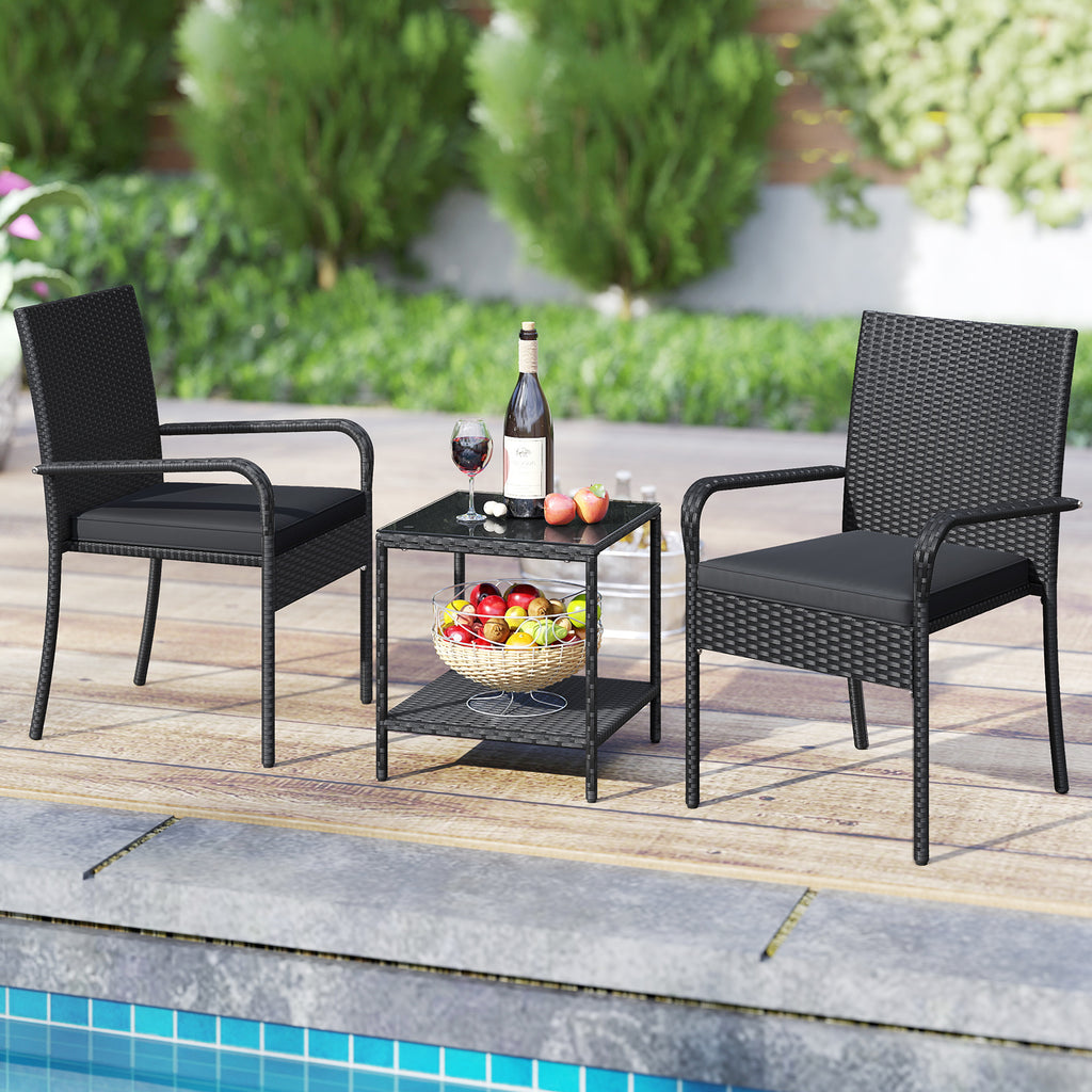 3 Piece Patio Furniture Set with Seat Cushions and Tempered Glass