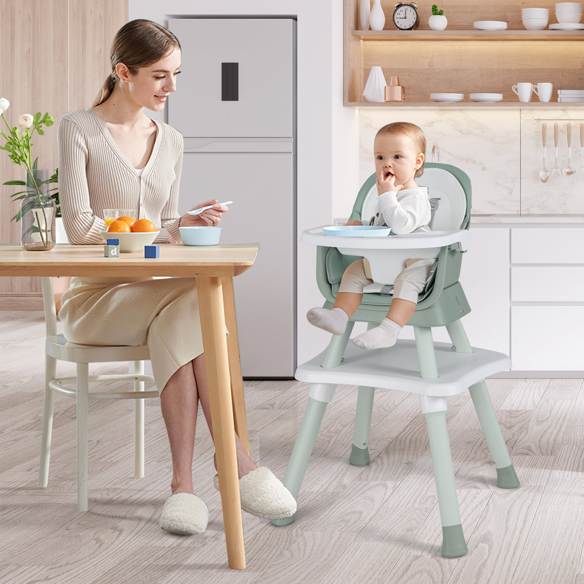 Green 8-in-1 Convertible Baby High Chair with Adjustable Removable Tray