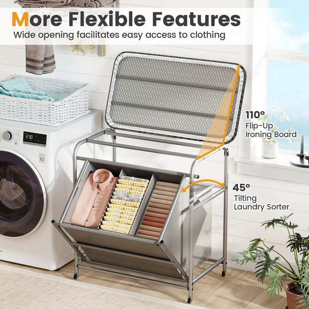3-Section Laundry Sorter with Foldable Ironing Board, Gray