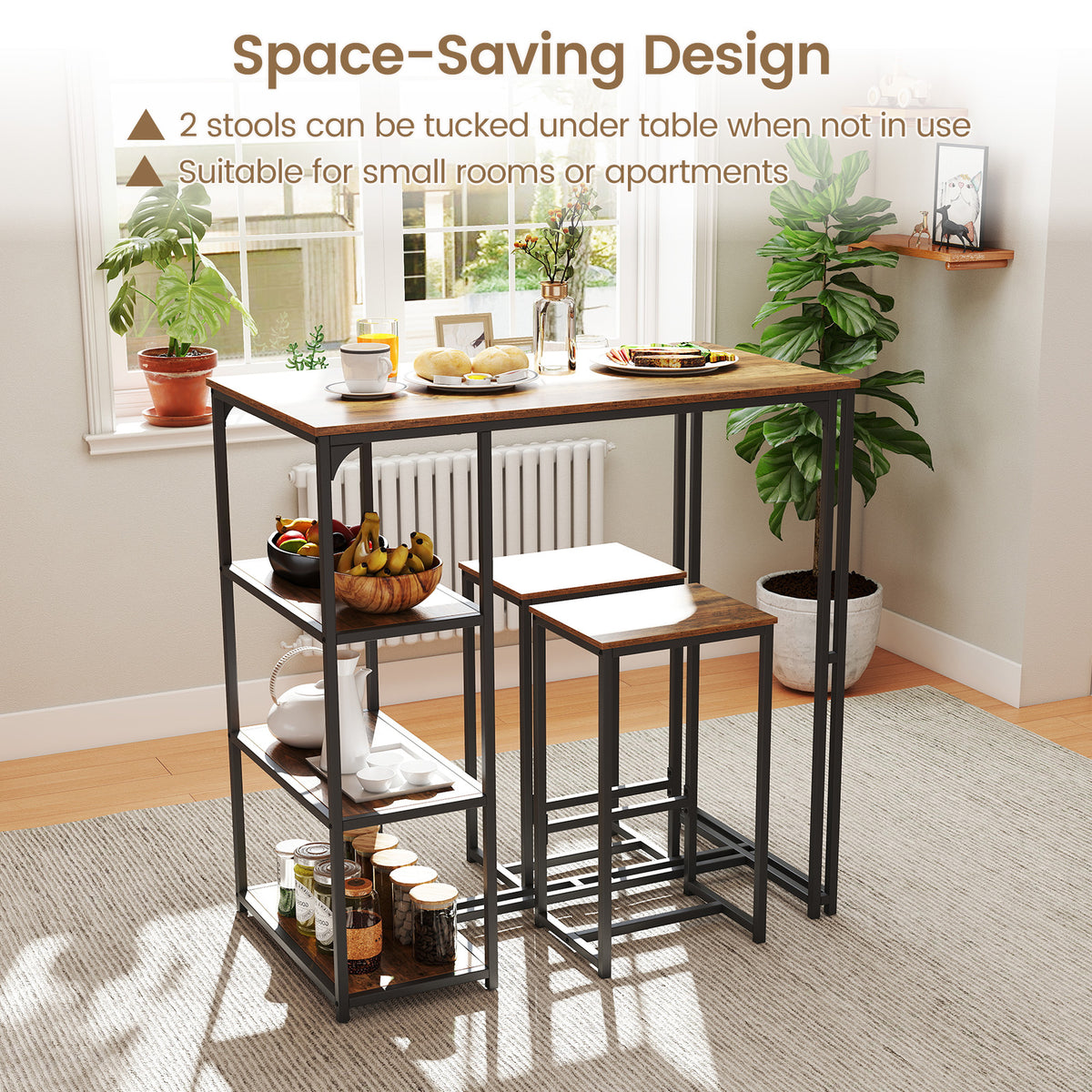 3-Piece Bar Table Set with 2 Stools, Rustic Brown