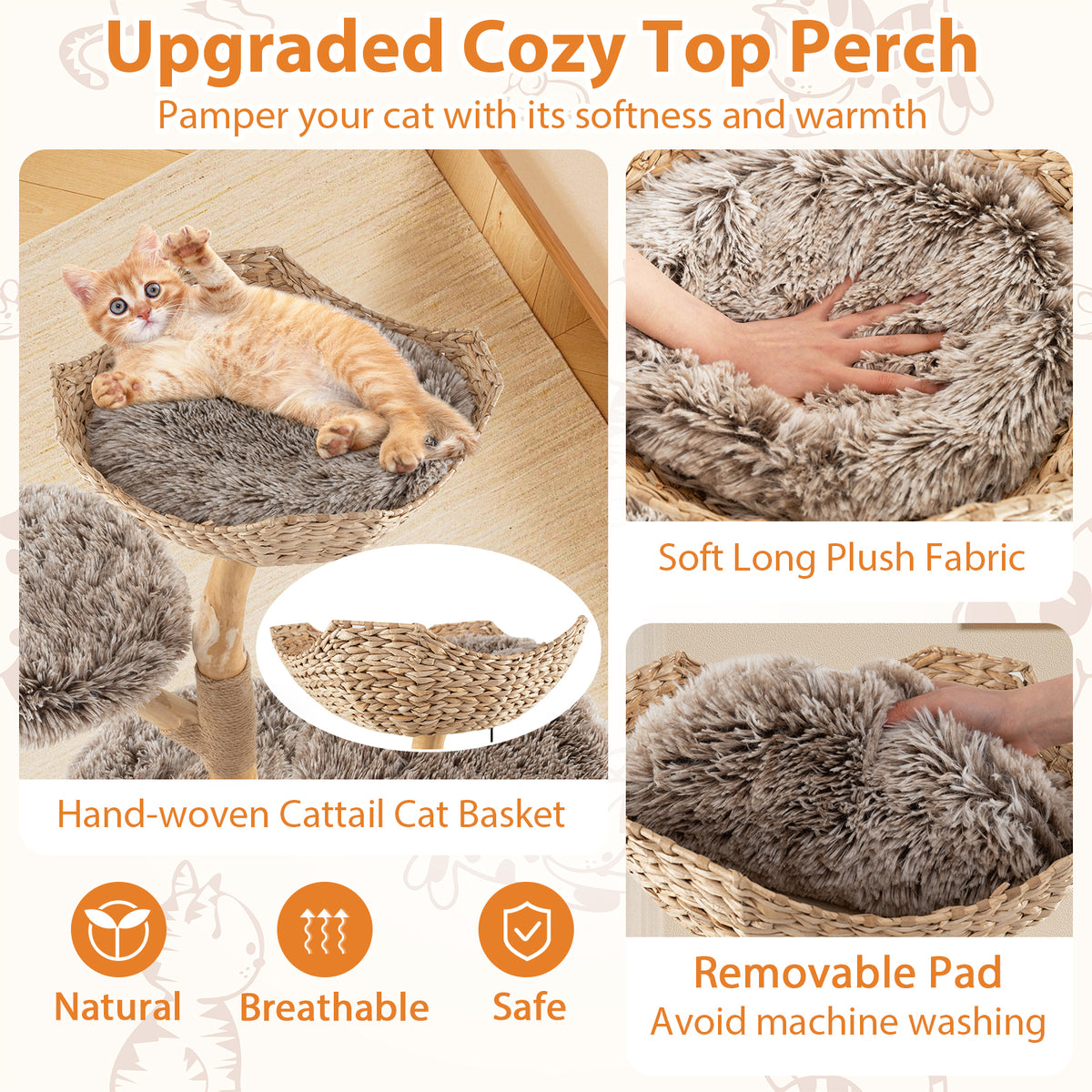 Wood Cat Tree Solid Pear Cat Tower with Perch & Sisal Posts - Brown