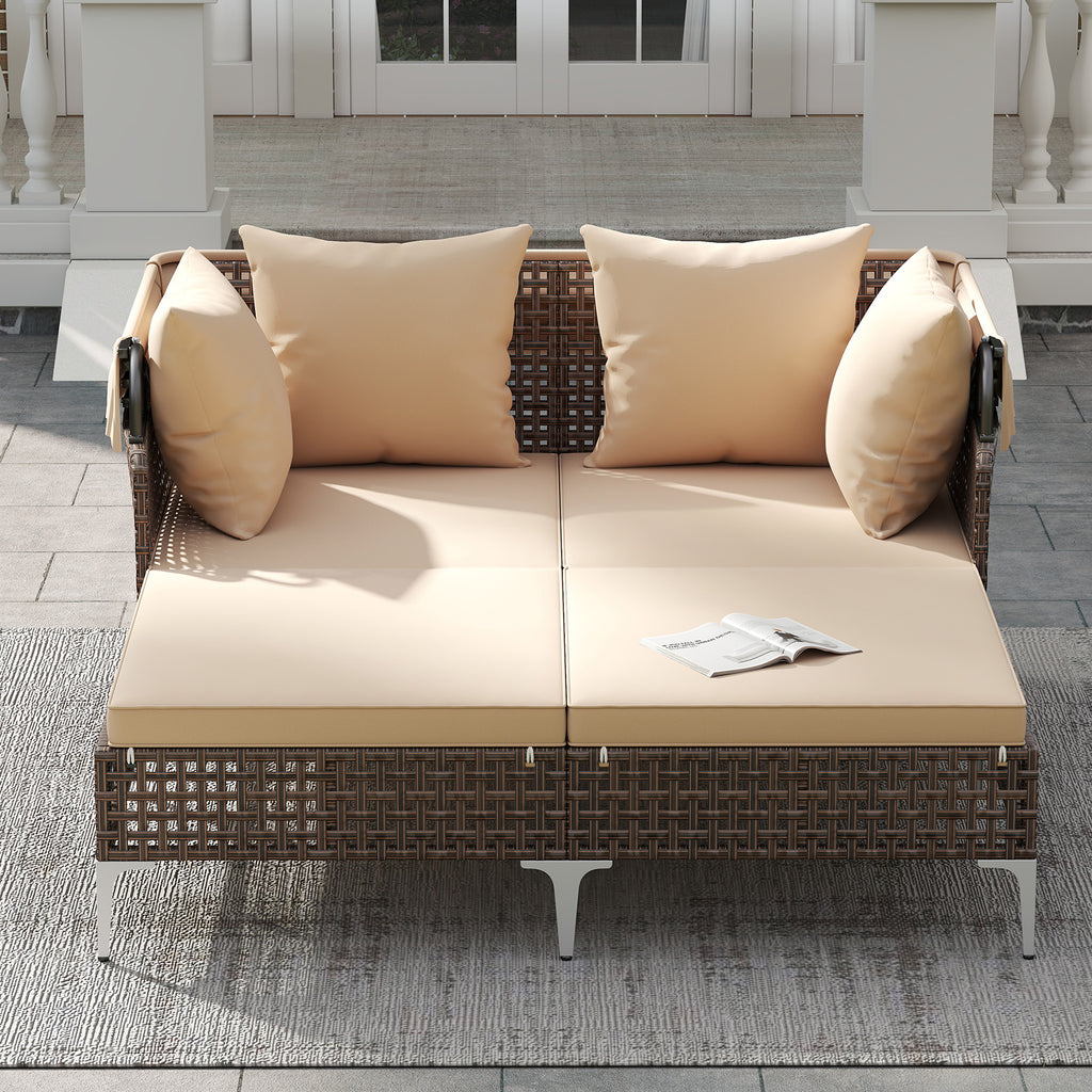 Outdoor Daybed with Retractable Canopy, PE Rattan - Brown