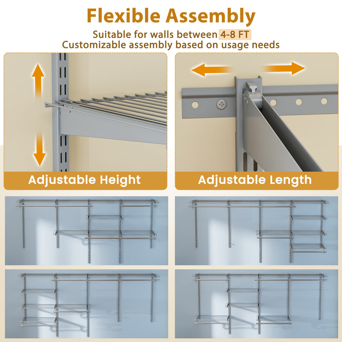 4-8 Feet Closet Organizers and Storage System with Hanging Rod for