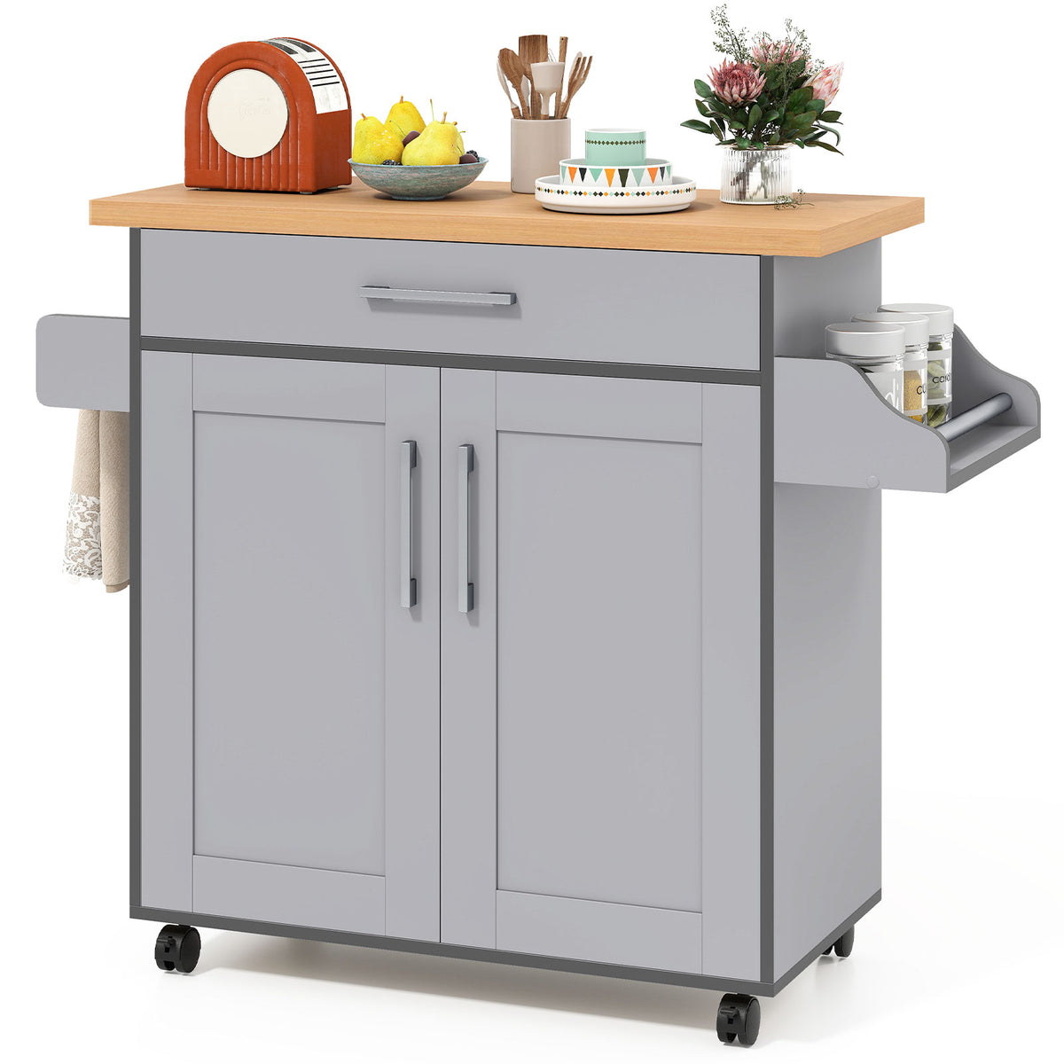 Rolling Kitchen Island Cart with Towel Rack - Gray