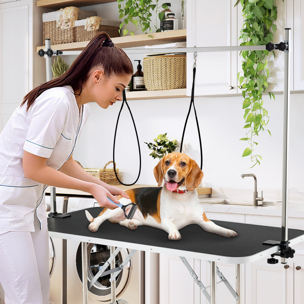 Foldable Dog Grooming Table with Height Adjustable Arms - Black - Space-Saving Pet Grooming Station