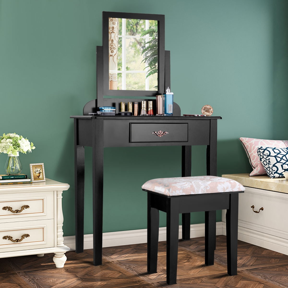 Dressing Table with Large Makeup Mirror & Stool