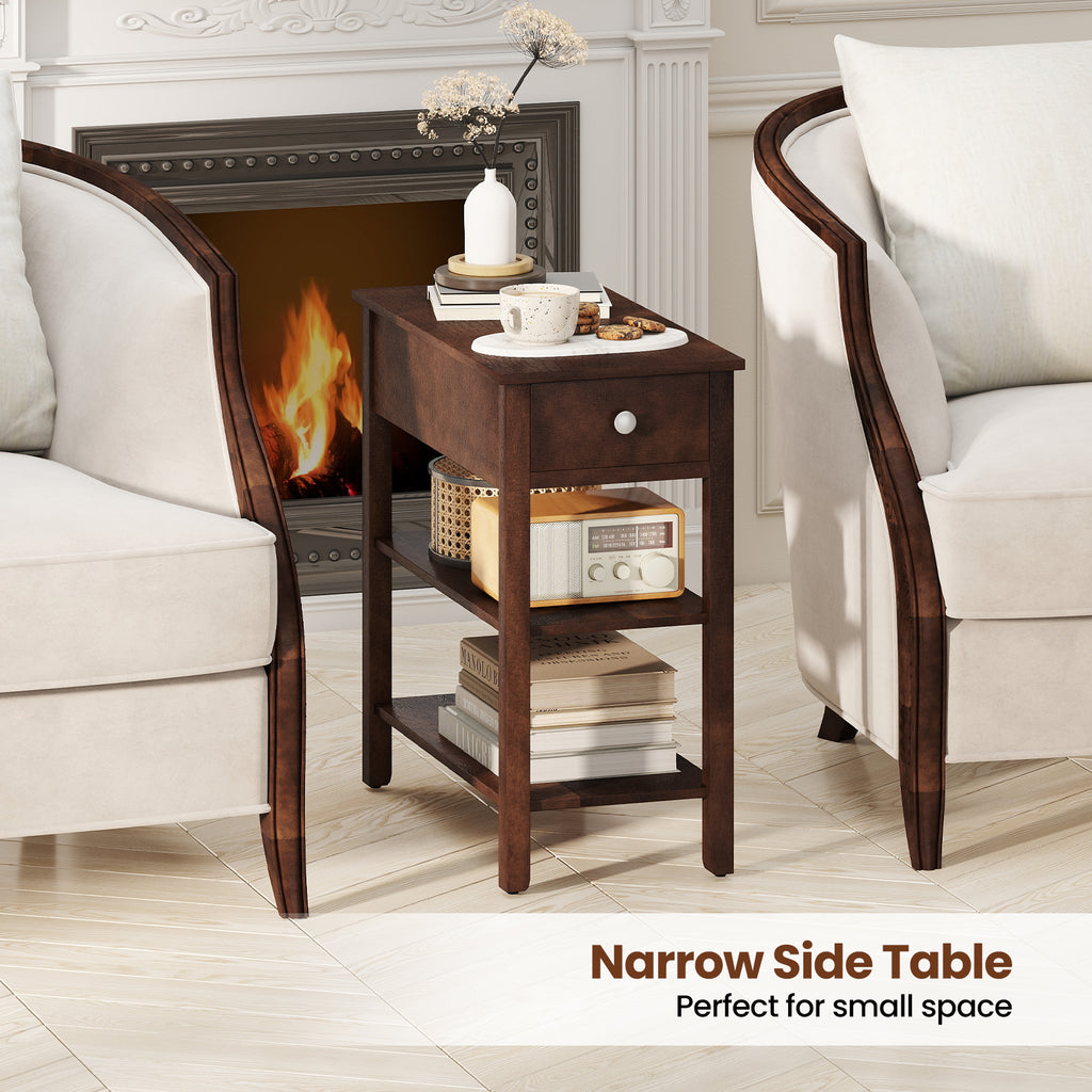 3-Tier Narrow End Table with Drawer, Walnut