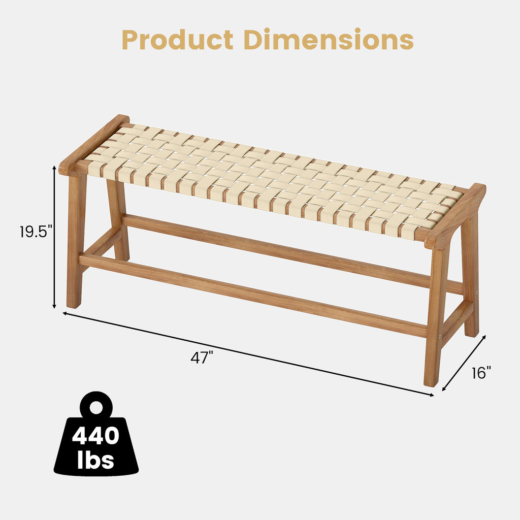 47 Inches Long Teak Wood Patio Bench with Weave Seat and Solid Legs