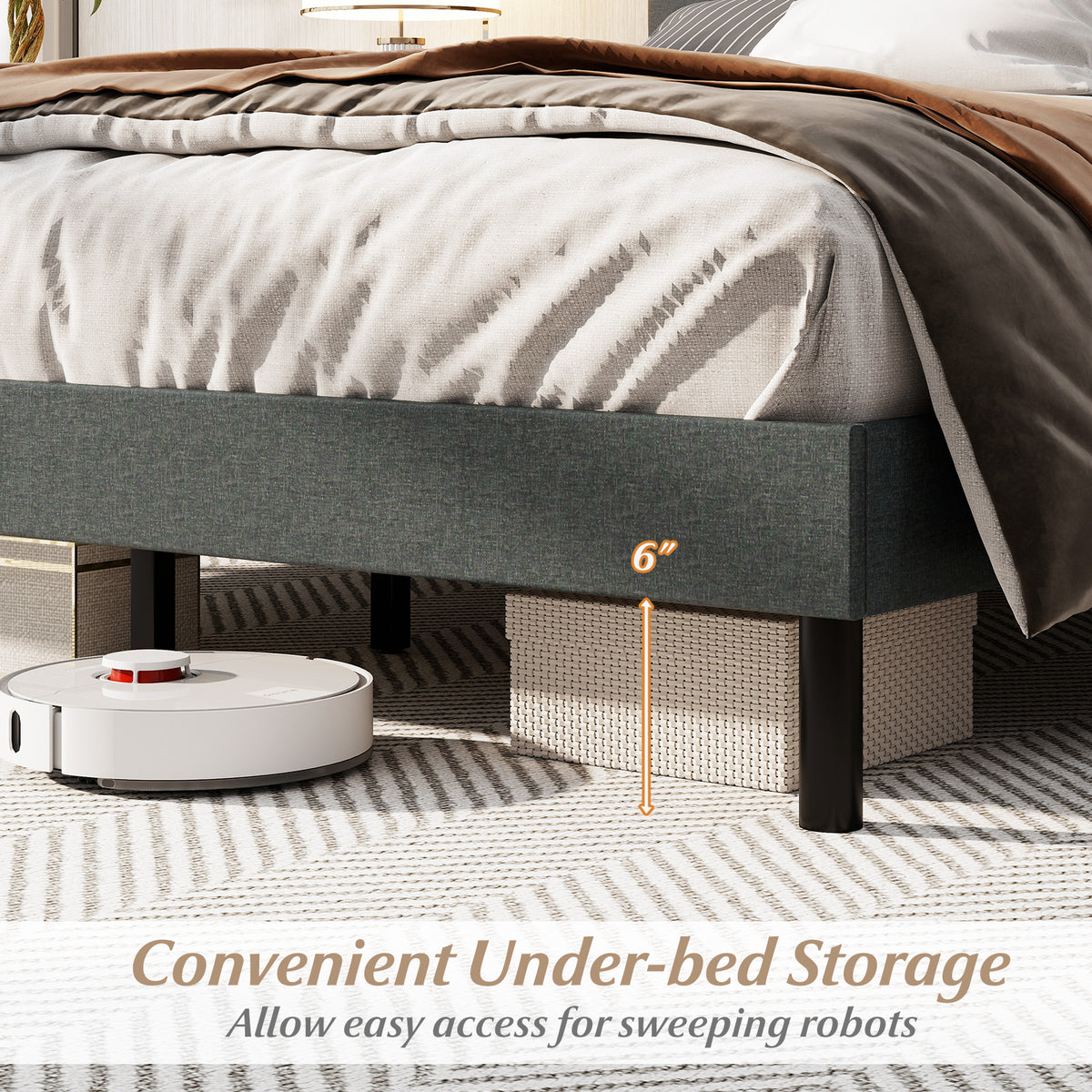 Queen Size Upholstered Bed Frame Linen Platform Bed - Dark Gray