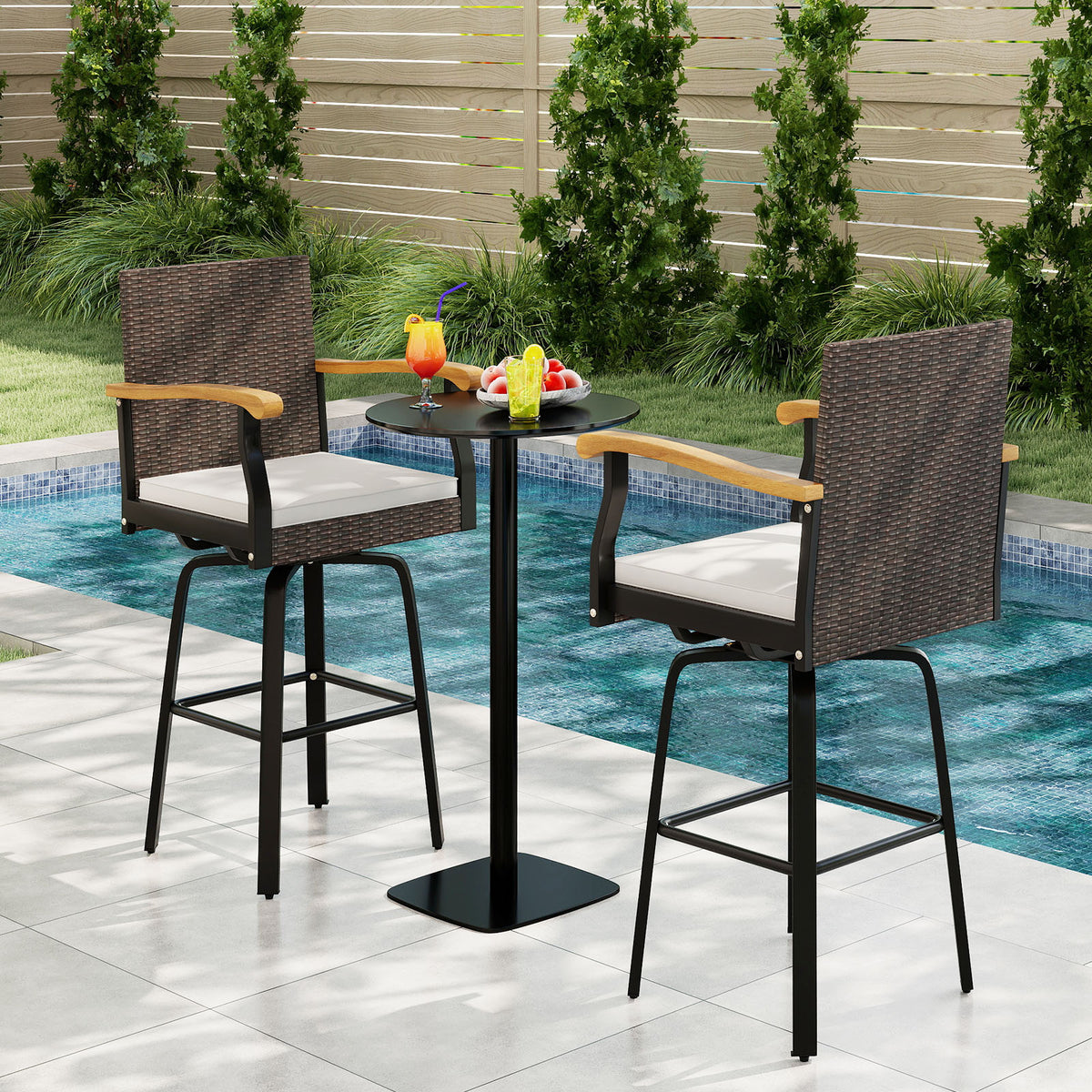 Outdoor 360° Swivel Bar Stool with Cushion, Acacia Wood Armrests - Style 2