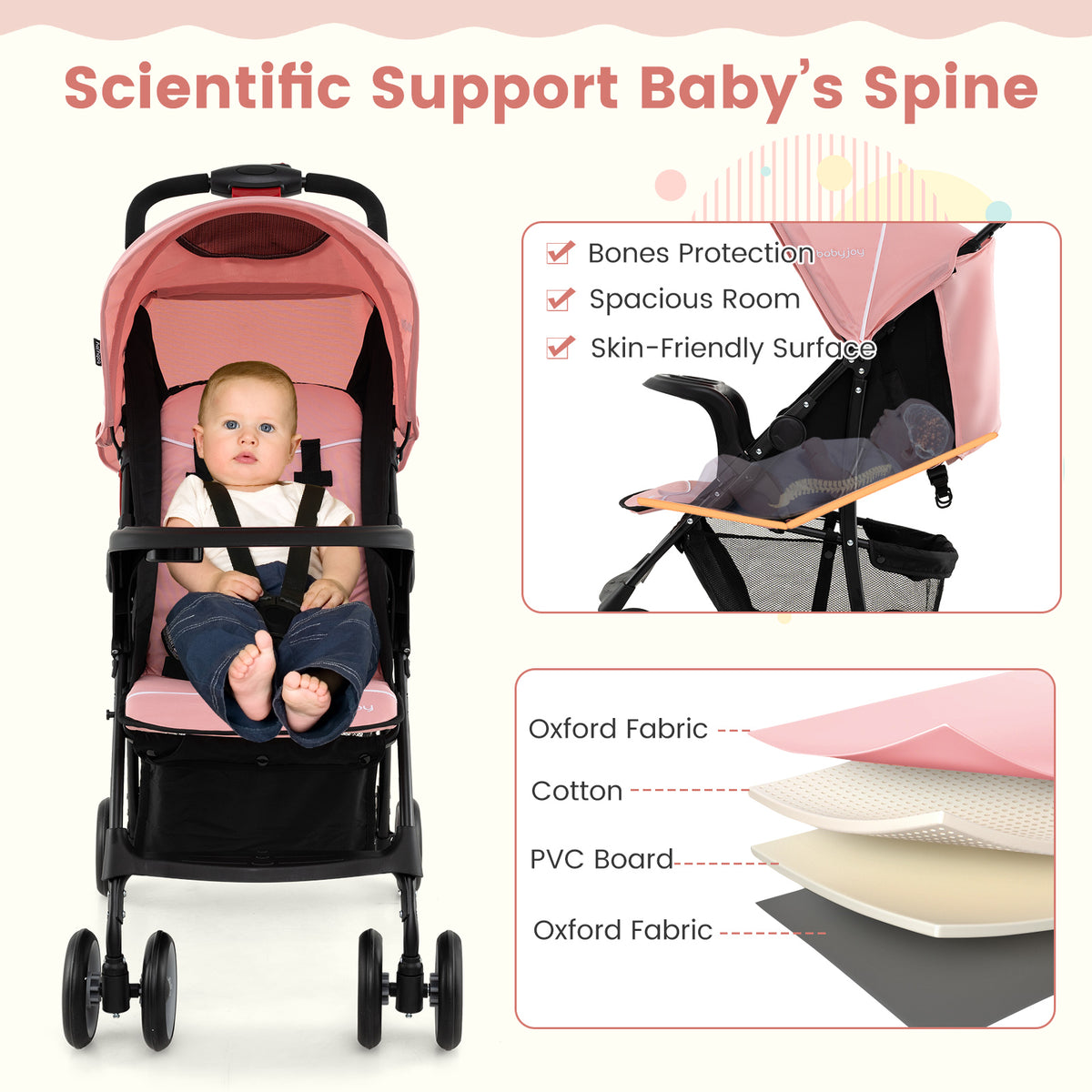 Toddler Compact Travel Stroller with Canopy & 2-Position Backrest - Pink
