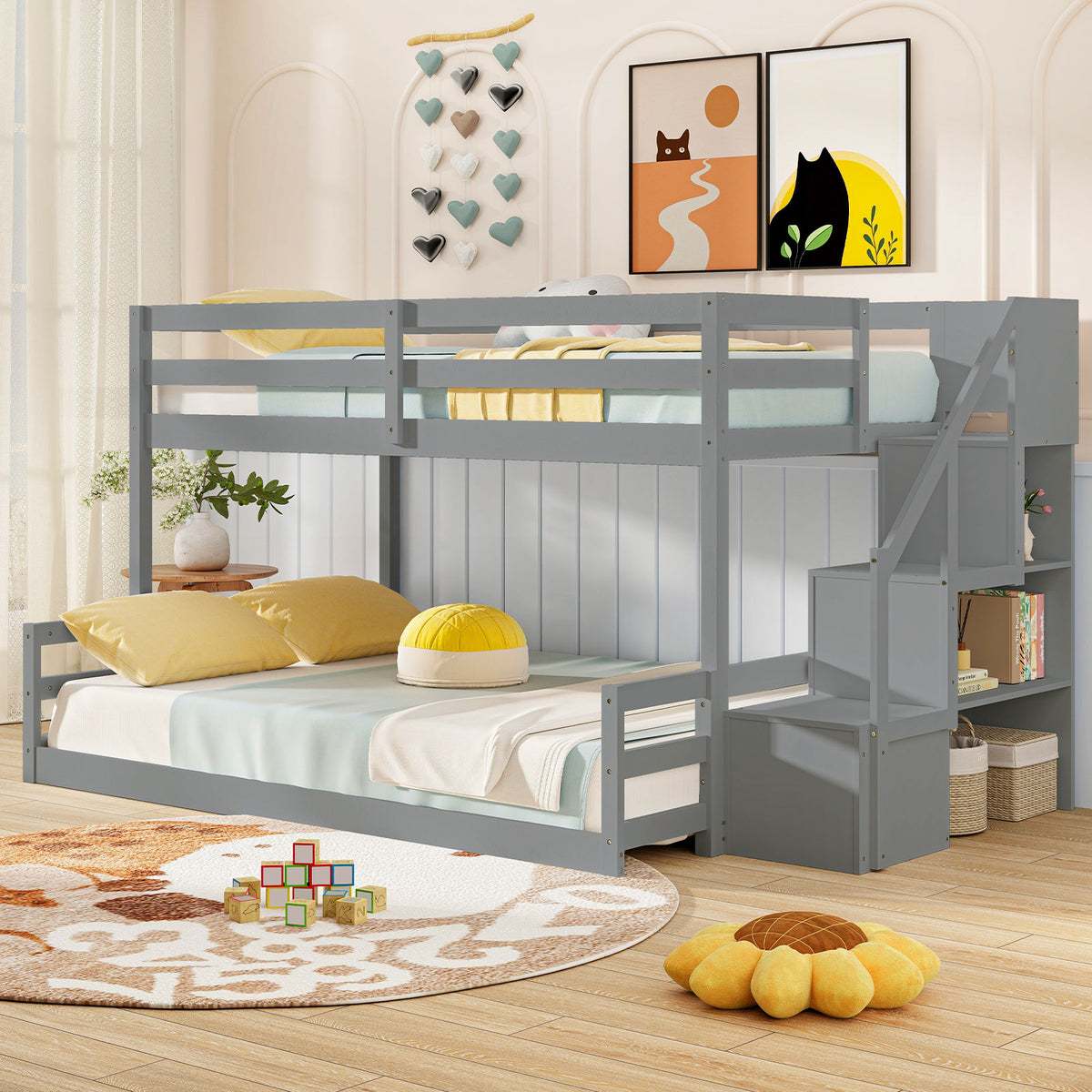 Twin Over Full Bunk Bed with Storage Stairs - Gray