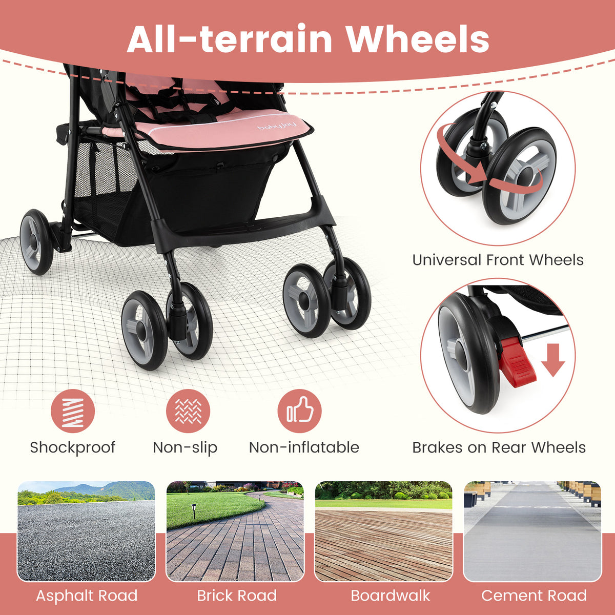 Toddler Compact Travel Stroller with Canopy & 2-Position Backrest - Pink