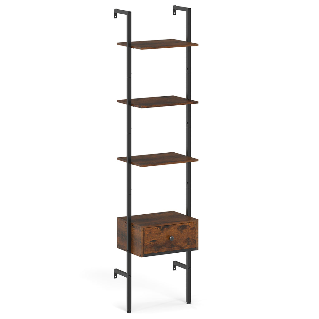 5-Tier Ladder Bookcase with Drawer & Metal Frame - Rustic Brown