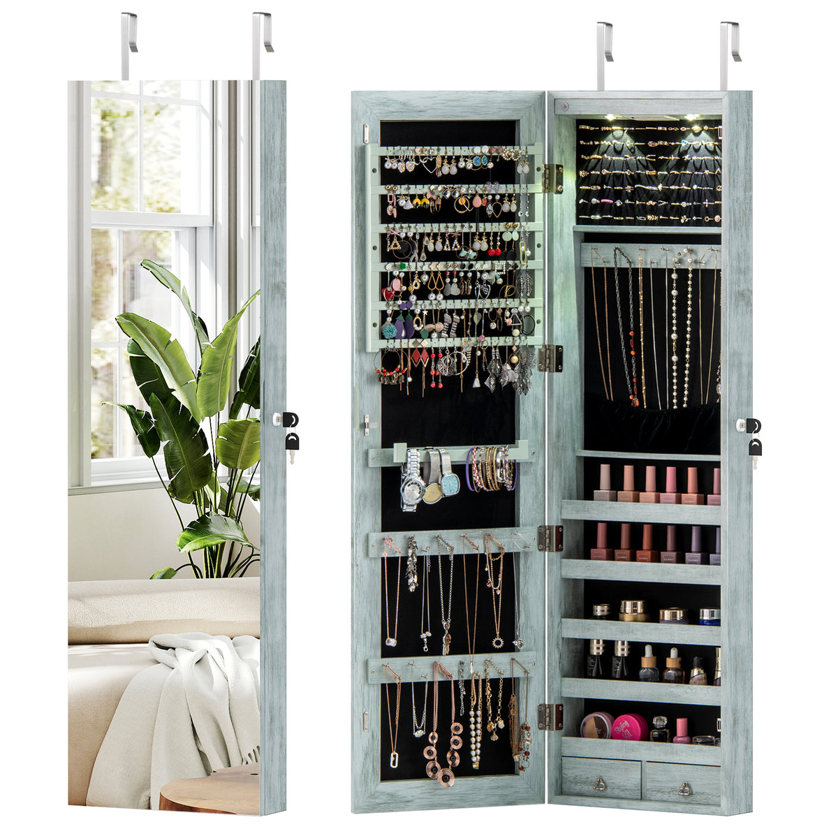 Wall-Mounted Mirrored Jewelry Armoire with LED Lights - Navy
