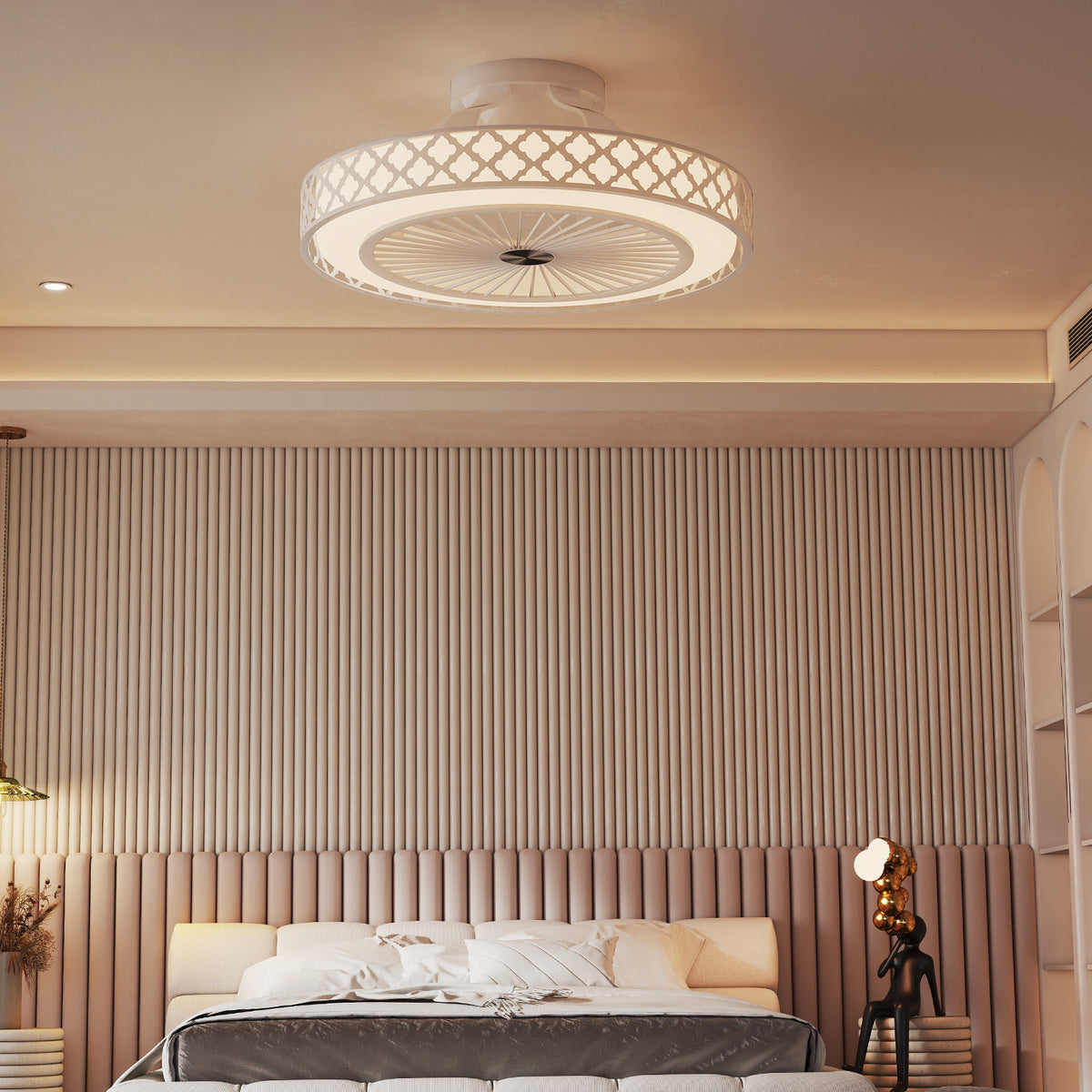 White 19-Inch Ceiling Fan with Light Low Profile Flush Mount – Adjustable Brightness & Quiet Motor